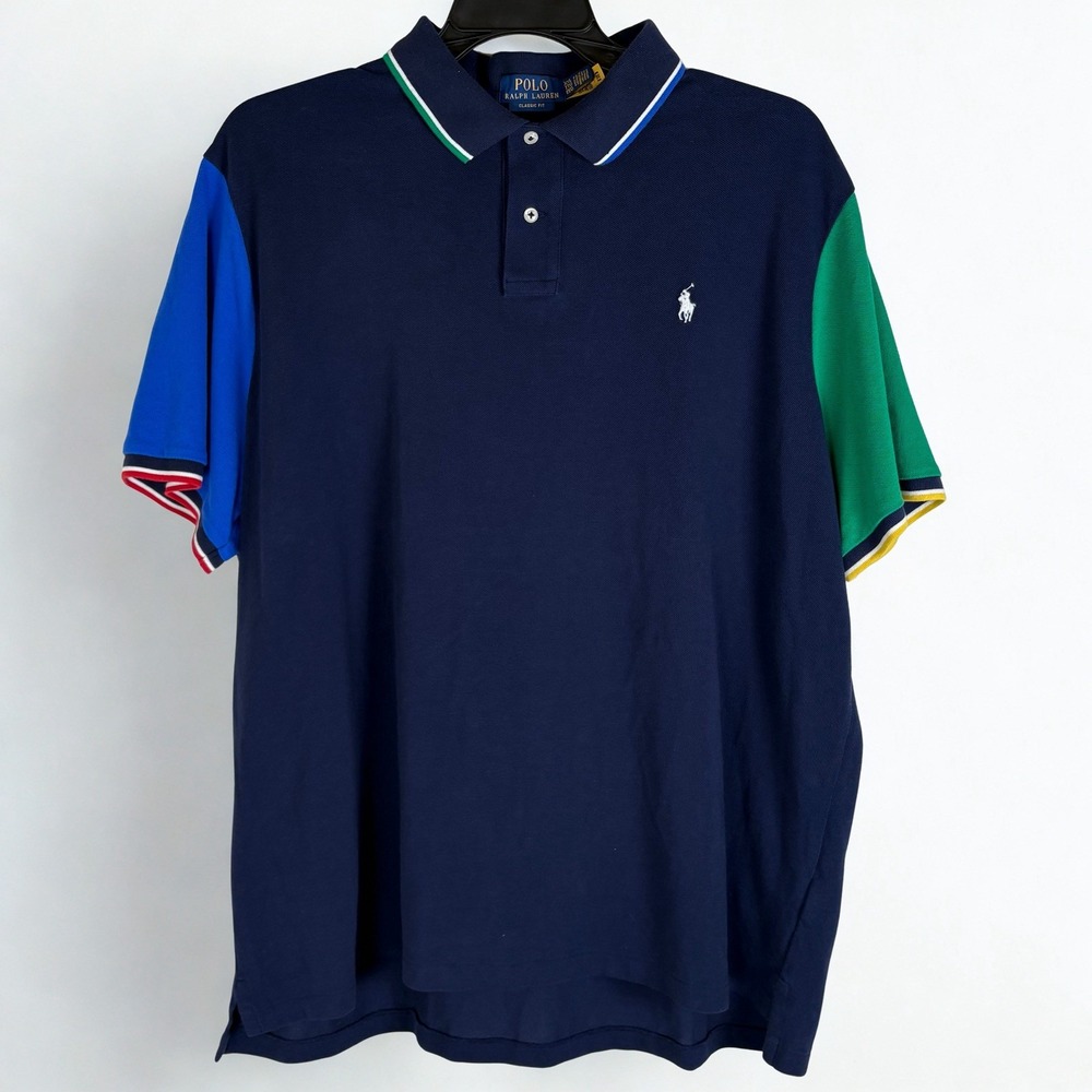 Polo Ralph Lauren Classic Fit Colorblock Mesh Polo Shirt Navy Blue Men's 2X Pony
